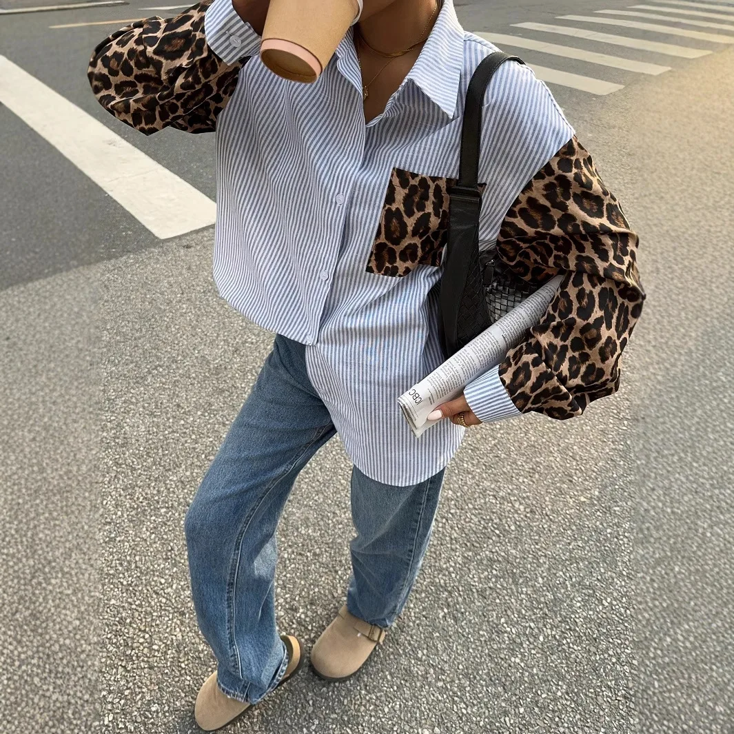 

2025 New Fashion Printed Button-down Shirt Women Summer Casual Loose Leopard Print Pocket Long-sleeved Top For Women