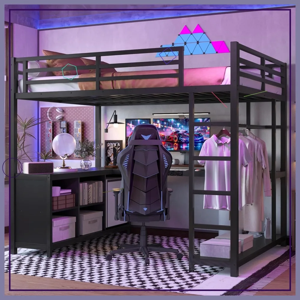

Full Metal Loft Bed with L-Shaped Desk & Shelves - Space-Saving Heavy Duty Bed Frame for Teens Adults, Easy Assembly Black