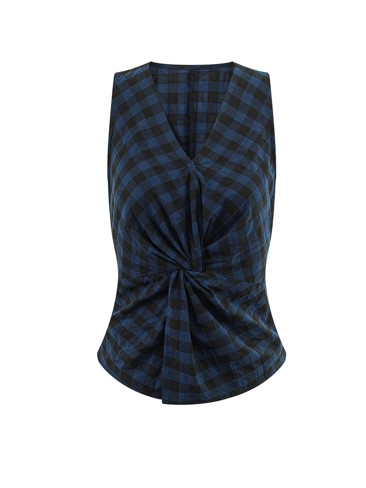 

Women Knot V-neck Plaid Blouses Summer Sleeveless Fashion Tops Shirts