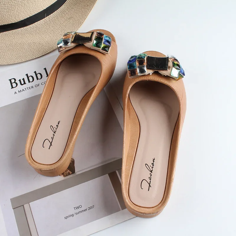 Summer Slippers Women's New Women's Half Slippers Outer Wear Set Feet Fashion Rhinestone Flat Heelless Women's Shoes