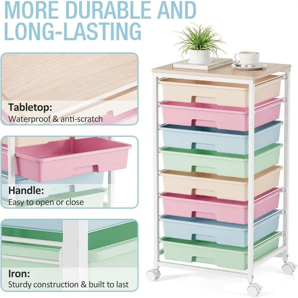Carrinho de armazenamento multicolorido de 8 gavetas com tampo de madeira para sala de aula, arte, escritório e organização doméstica