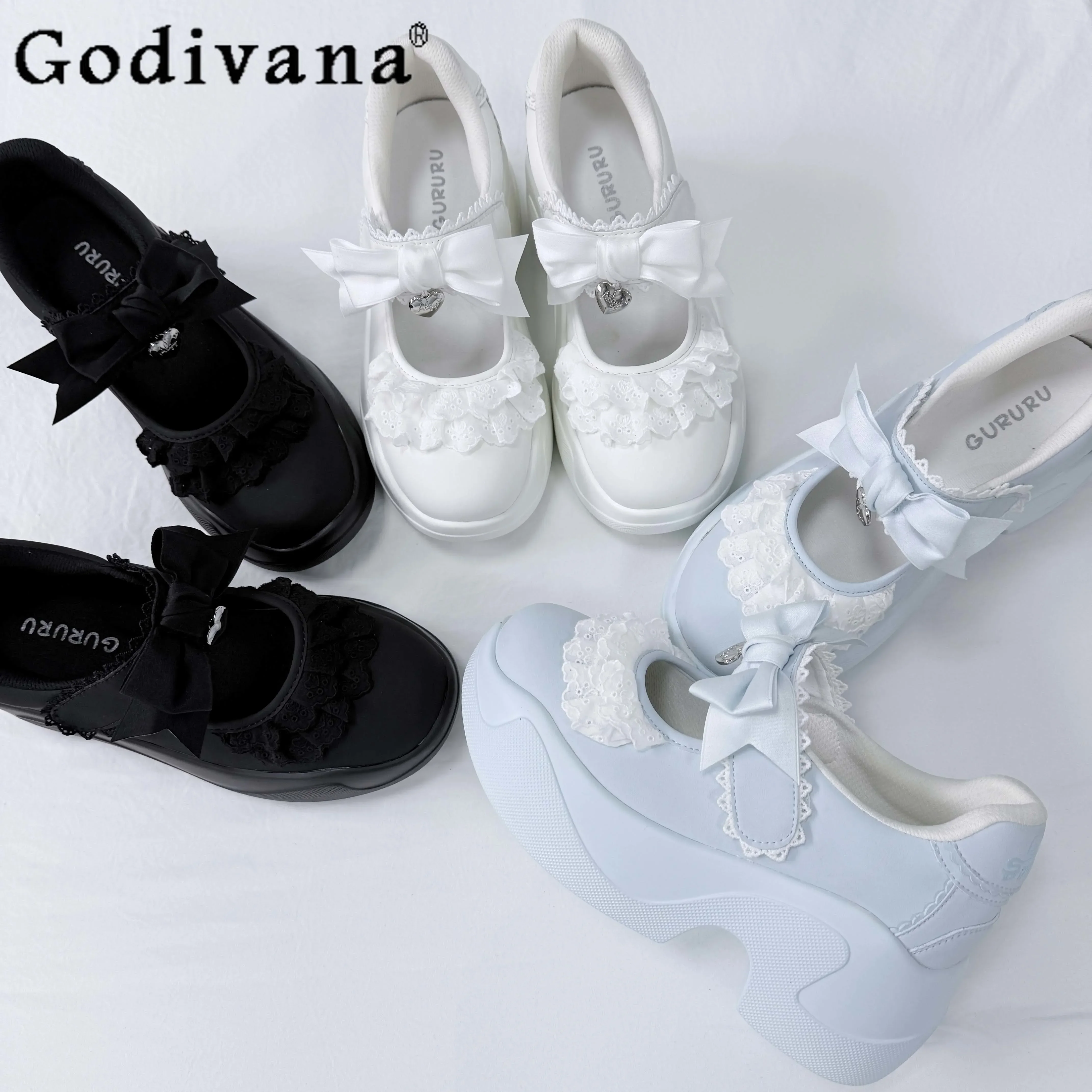 2025 Original Spring and Summer New Student White Platform Shoes Women's Japanese Sweet Cute Bow Velcro Sneakers Sports Shoes