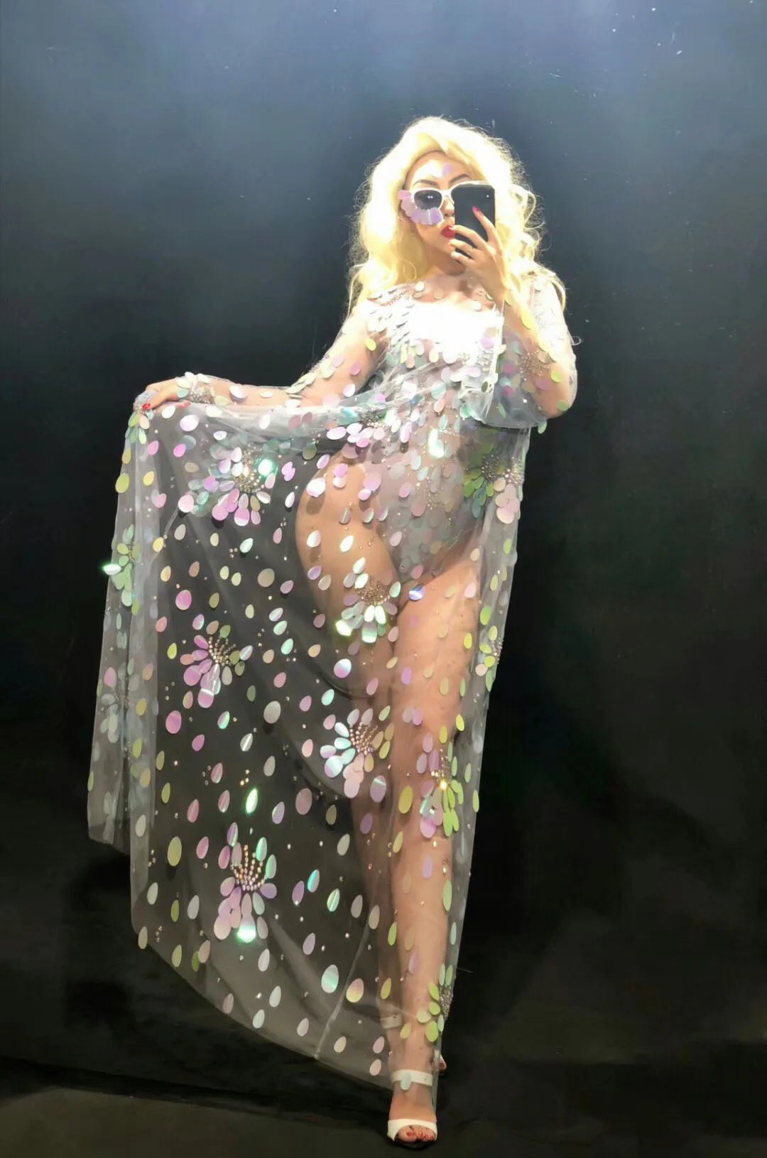 Trajes de boate brilhando strass bodysuits transparente feminino colorido lantejoulas casaco longo festa de formatura aniversário celebrar roupa