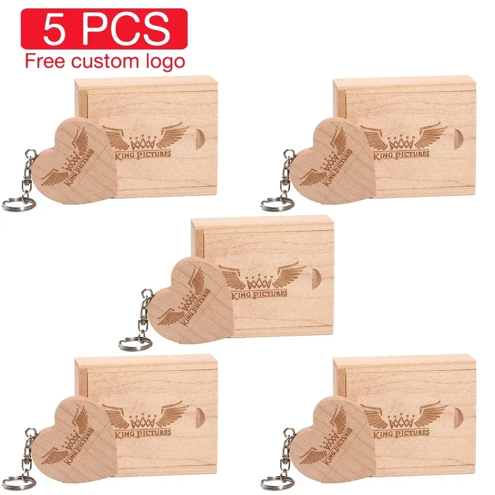 5PCS/LOT Iron Box Memory Stick Wooden Heart Shape USB Flash Drive 128GB Free Customized Logo Pen Drive Photography Wedding Gift