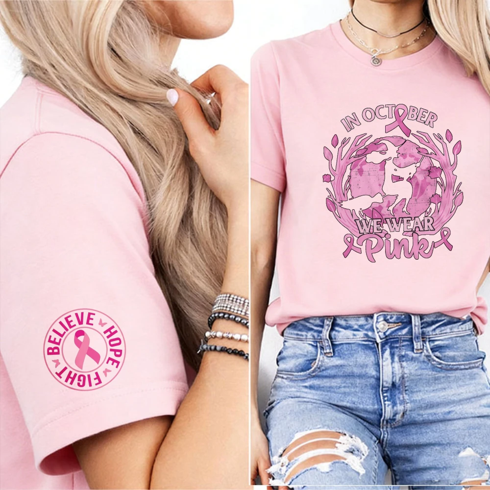 In October We Wear Pink Western Cowgirl Print Believe Hope Fight Circular Cuff Graphic Breast Cancer Awareness Ladies Tee Tops