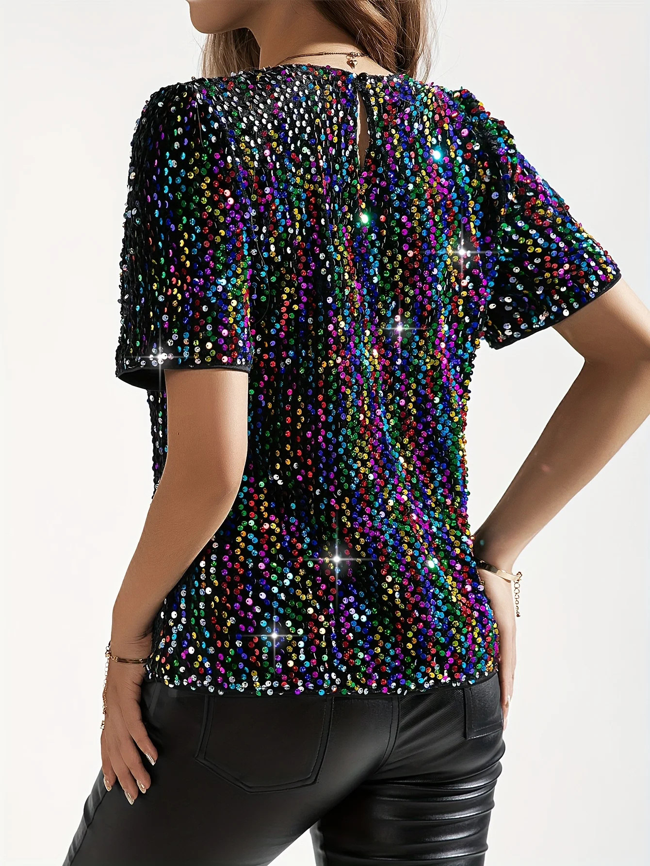 Colorful Sequin Crew Neck Blouse, Elegant Short Sleeve Blouse For Spring & Summer, Women\'s Clothing