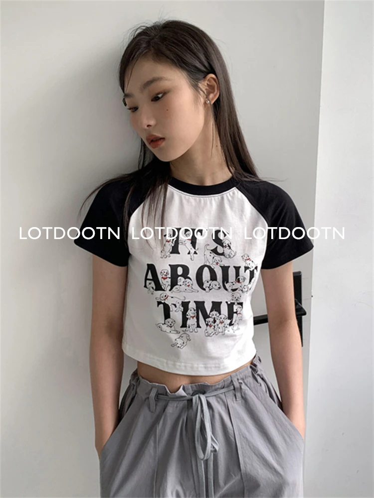 LOTDOOTN Korean Y2K Puppy Print T-Shirt Women Summer Short Sleeve Patchwork Tops Fashion Retro O-Neck Contrast Crop Top Hot Girl