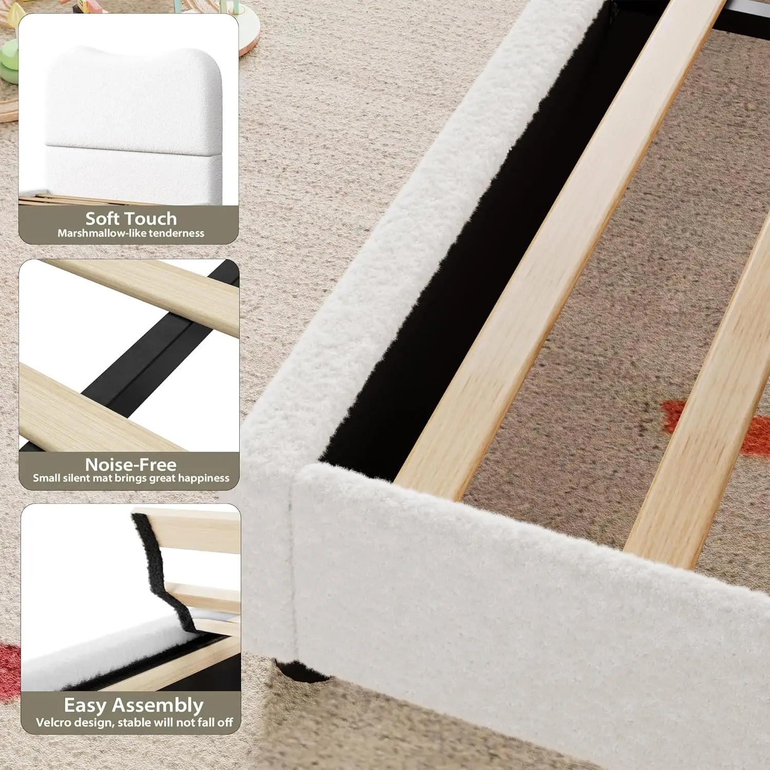 إطار سرير بمنصة بيضاء مزدوجة بتصميم جديد مع لوح رأسي منجد من قماش Boucle الناعم للفتيات والأولاد #4