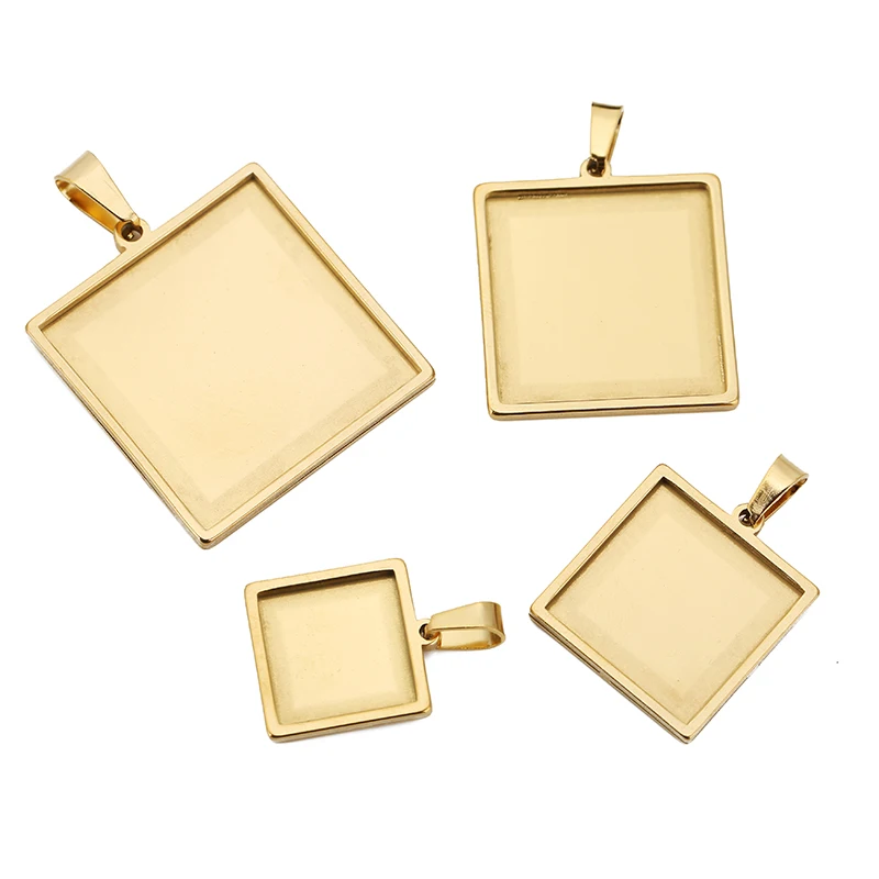 5pcs Gold Stainless Steel Square Bases 10/15/20/25/30mm Cabochon Bezel Blank Trays for Pendants Setting Jewelry Making Supplies