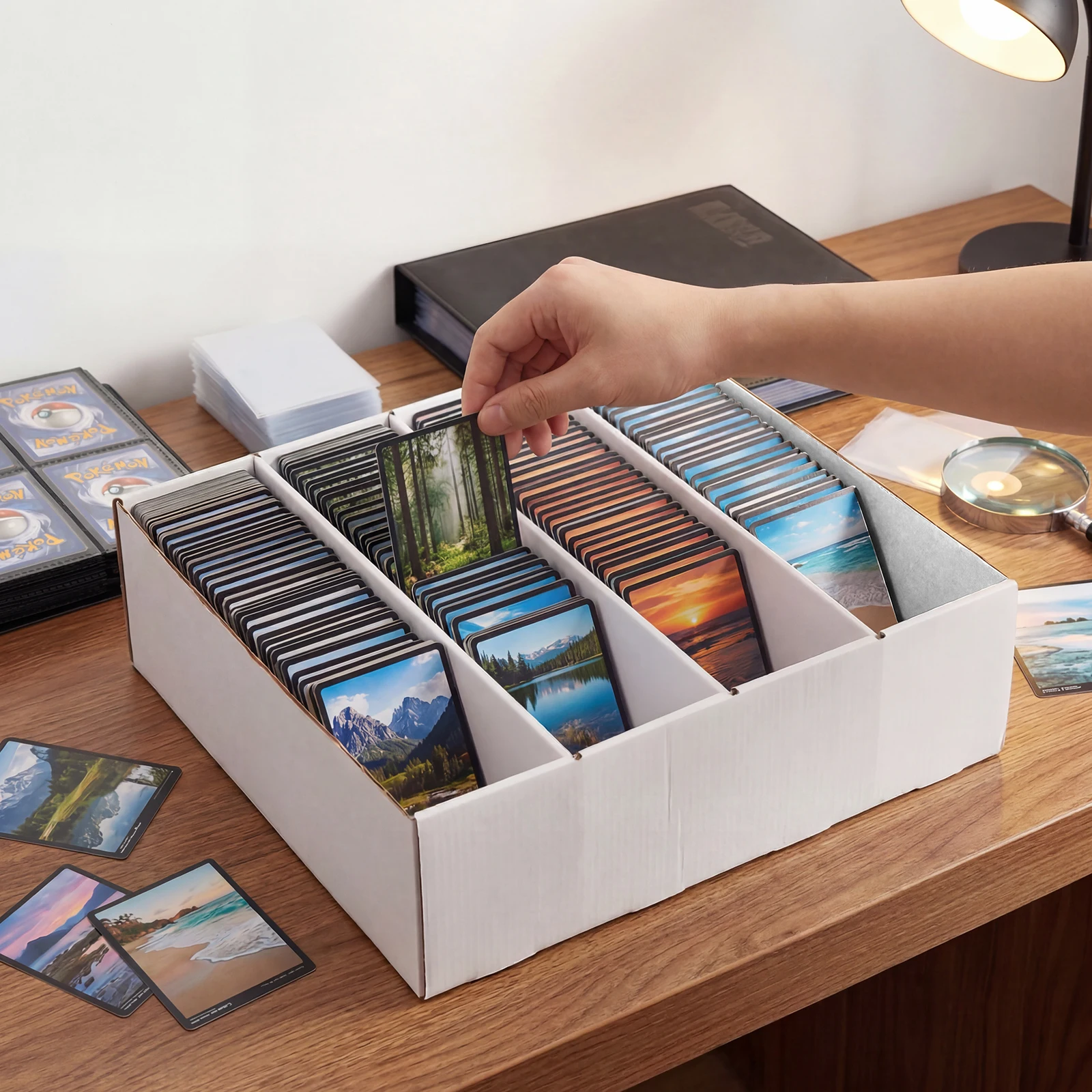 Boîte de rangement pour cartes à collectionner, 3 pièces, 4 compartiments, organisateur en carton de grande capacité, séparateurs pour cartes de sport, basket-ball, football