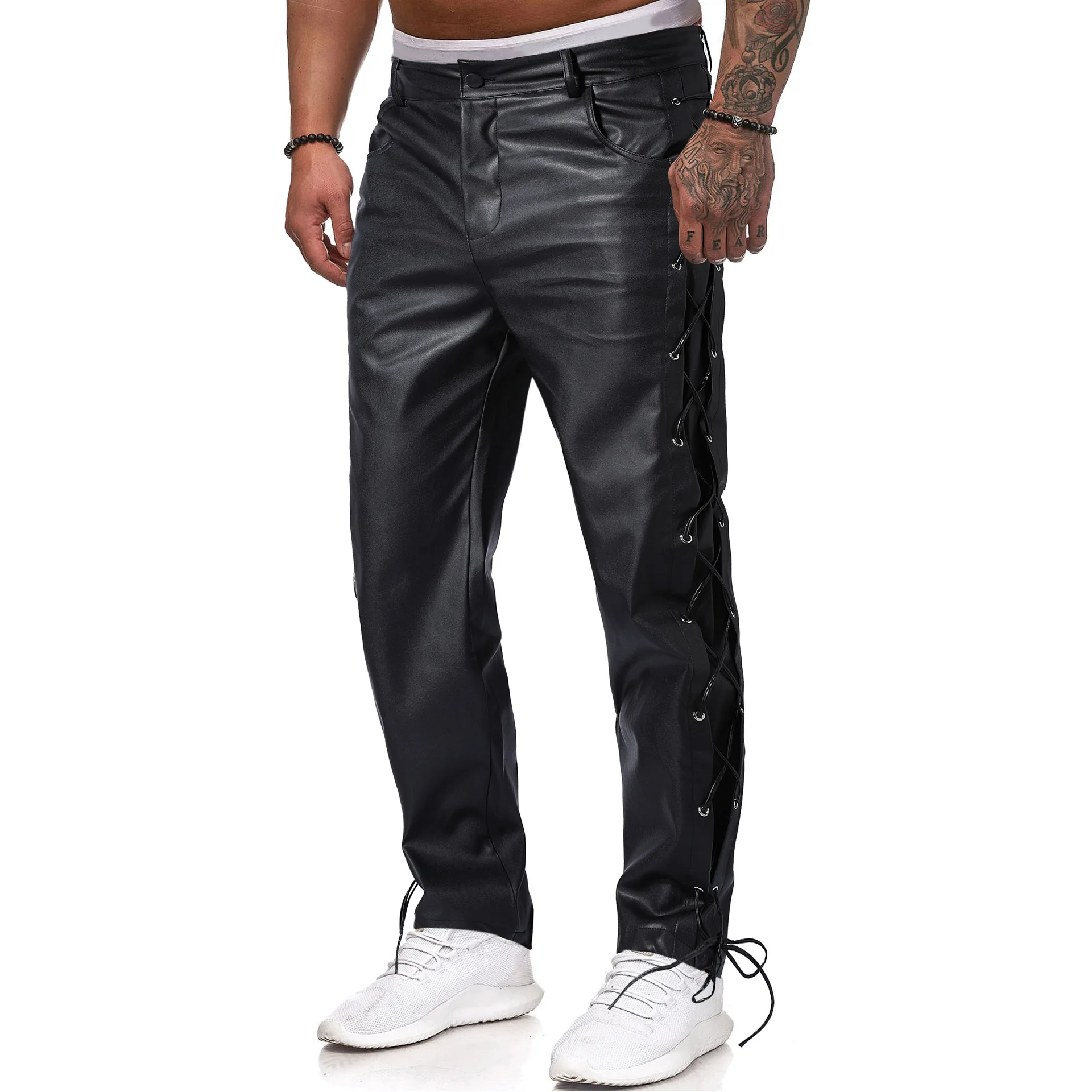 New Arrival Men's Casual Pure Color PU Leather Pants Belted Straight Leg Long Trousers Comfortable Fit Autumn Season