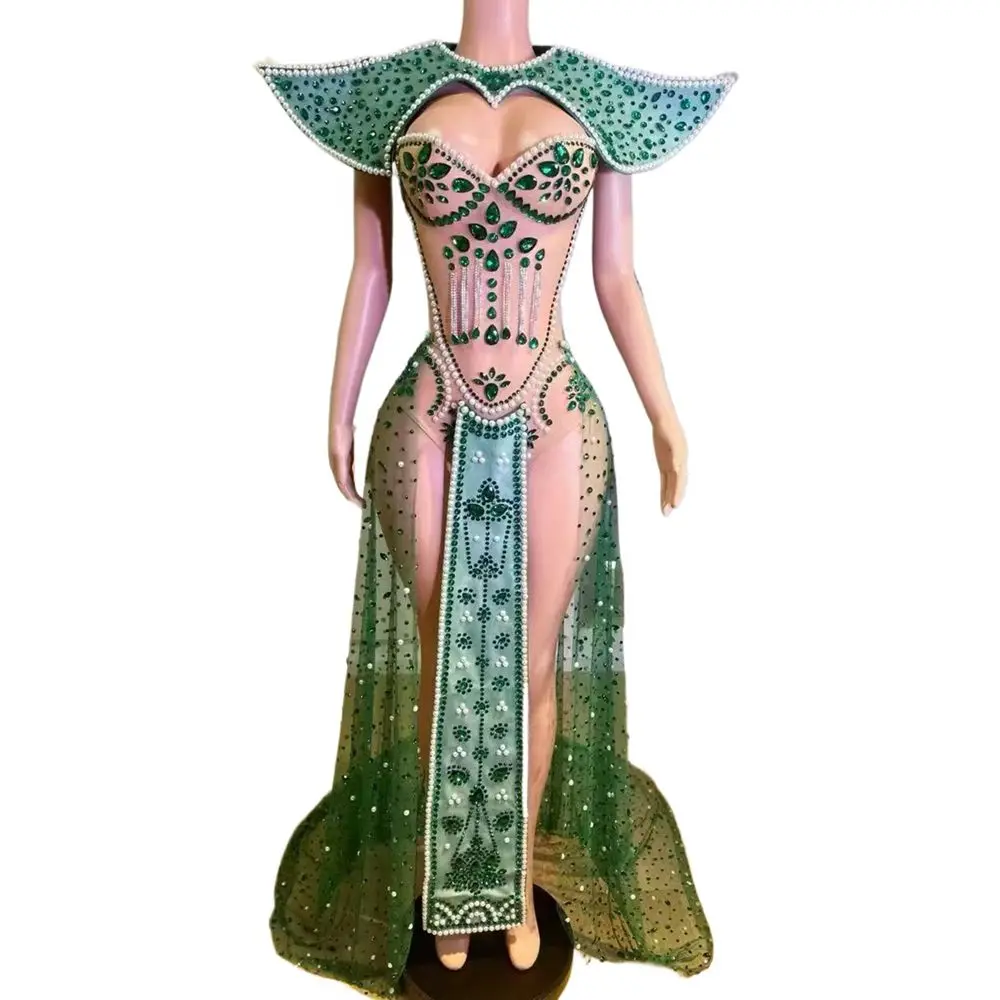 Sexy Mesh See Through Rhinestones Bodysuit Cloak Photography Leotard Women Singer Dancer Performance Dance Costume Stage Wear