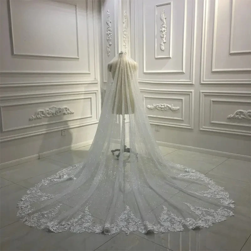 

Luxury Cathedral Long One Layer Glitter Tulle Veil with Comb Bridal Veil Wedding Veil Bride Veils Velos De Novia