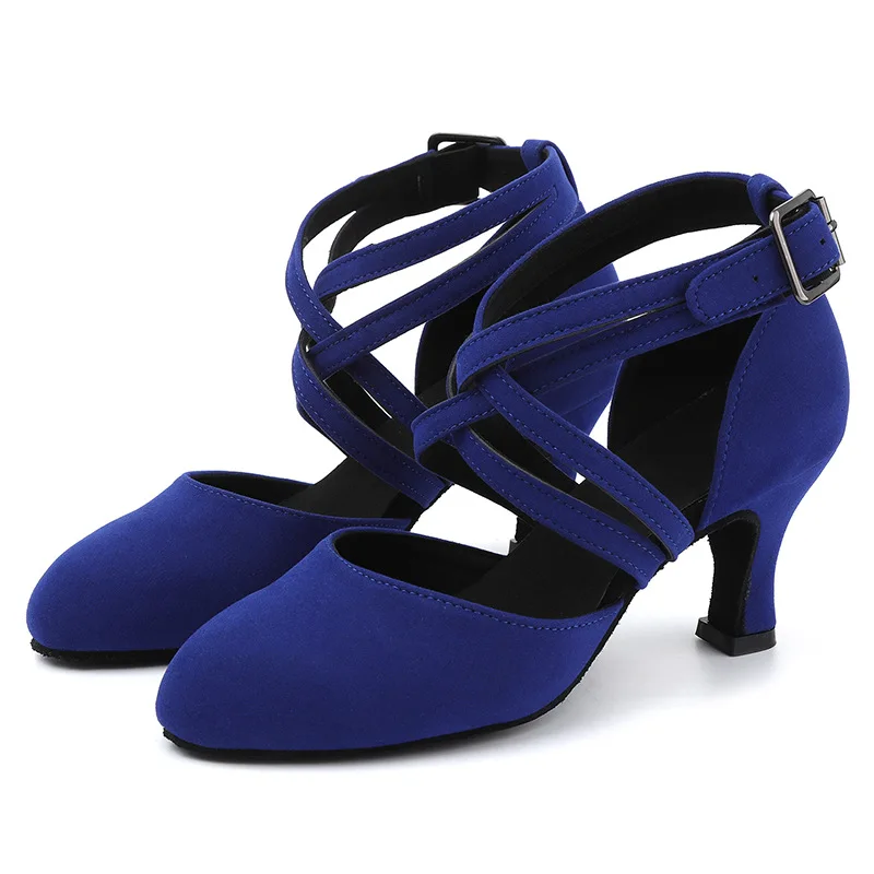 

customized Ladies' dance shoes cowhide double cross strap mid heel suede leather sole Latin dance shoes for women