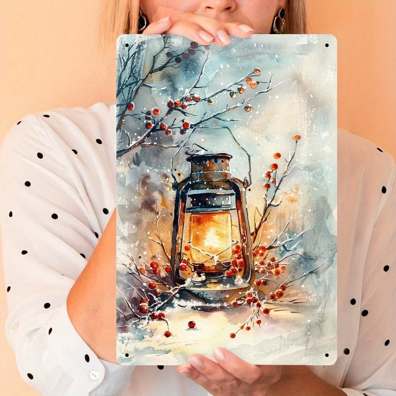2D Flat, 1pc Rustic Winter Oil Lamp Metal Wall Art Sign – Vintage Tin Painting Featuring a Snowy Landscape And Red Berries, 2D F