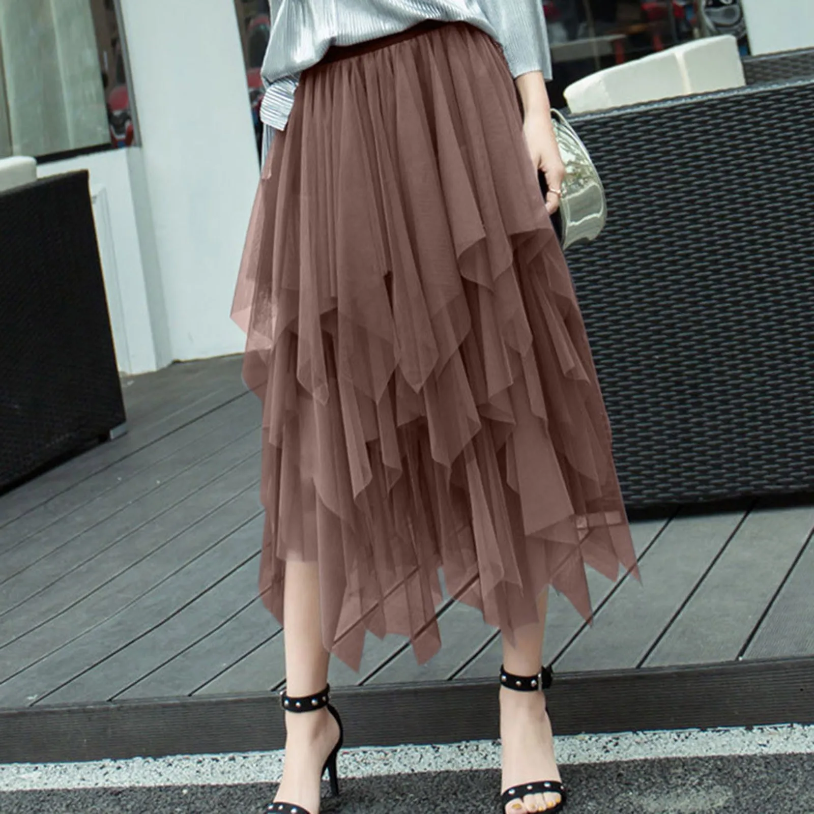 Women Irregularity Tulle Skirts 2024 Solid Color High Waist Dance Performance Party Long Mesh Skirt A-line Versatile Faldas Jupe