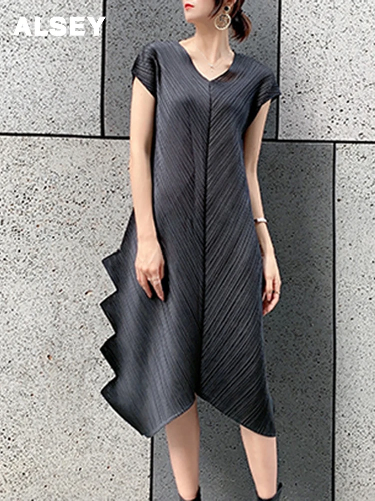 

ALSEY Miyake Pleated V-neck Dress for Women Short Sleeve Loose Casual Spring New Irregular Hem Design Female Fashion Clothing