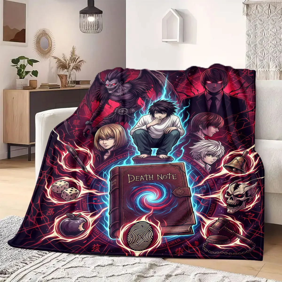 Death Note Radiant Print Flannel Blanket, Anime Character for Bed, Warm Home Decor for Couch, Versatile Travel Use_LIAN