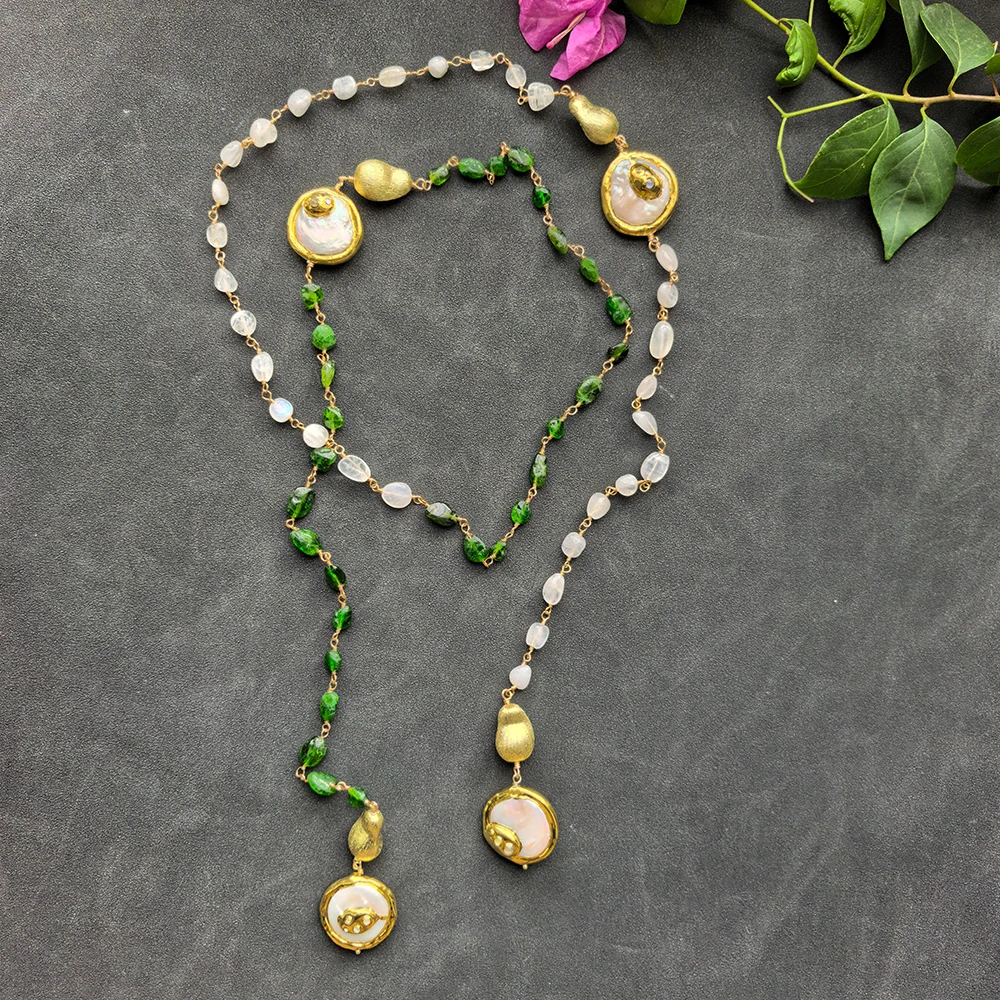 GG 47'' Natural Green Diopside White Moonstone Nugget Cultured White Coin Pearl Gold Plated Brushed Beads Long Necklace
