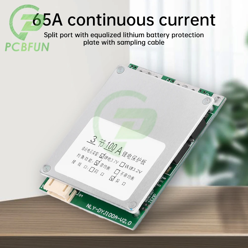 3S 12V 65A Li-ion Battery Protector Board with Sampling Cable Continuous Current 100A Peak Current Split Port with Equalizer