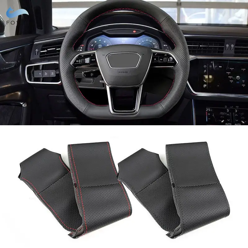 Hand-stitched Black Perforated Leather For Audi (D Shape) A6 C8 A7 2018-2022 A8 S8 2022 S6 S7 2019-2022 Steering Wheel Cover