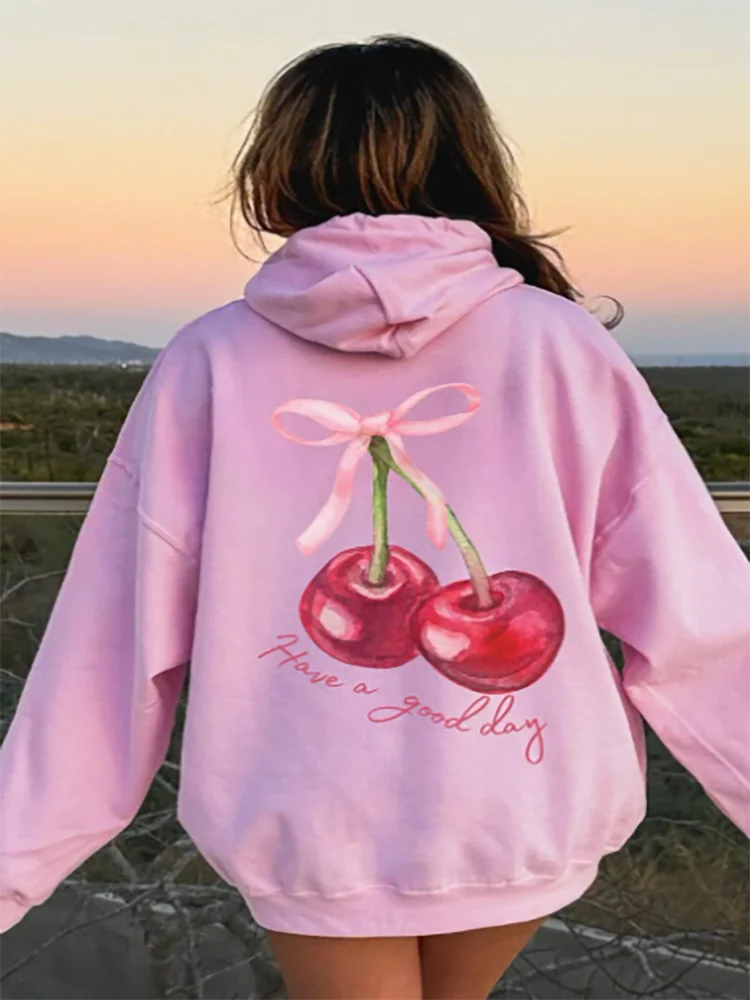 

Cherry Print Have A Good Day Back Bow Trendy Ribbon Cute Graphic Pullover Hoodie Casual Comfortable Streetwear For Women