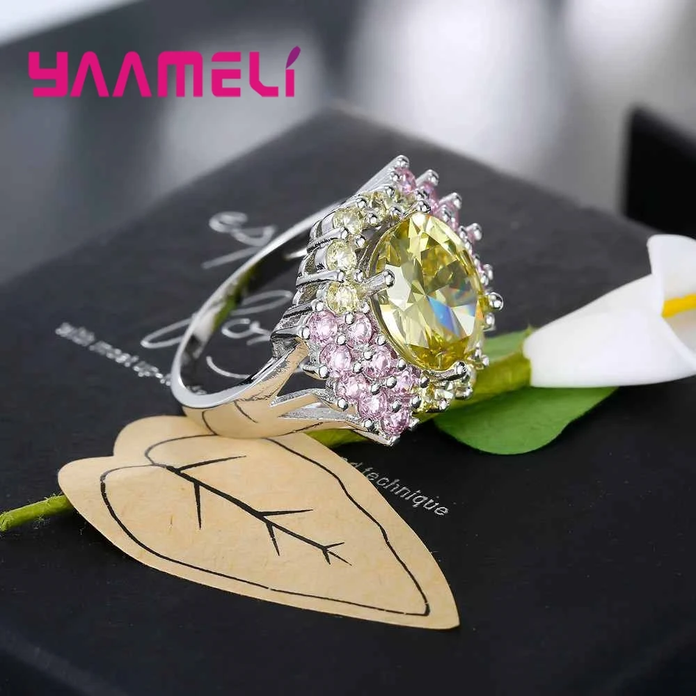 Brand Yellow Stone Decorated With Pink Crystal Cubic Zirconia 925 Sterling Silver Ring For Wedding Valentine\'s Day Gift