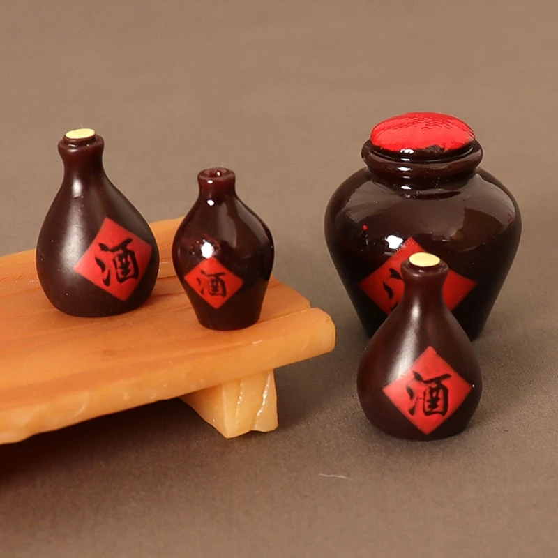 1Set 1:12 Dollhouse Miniature Wine Jar Retro Chinese Wine Jar Wine Cup Model Kitchen Decor Toy Doll House Accessories