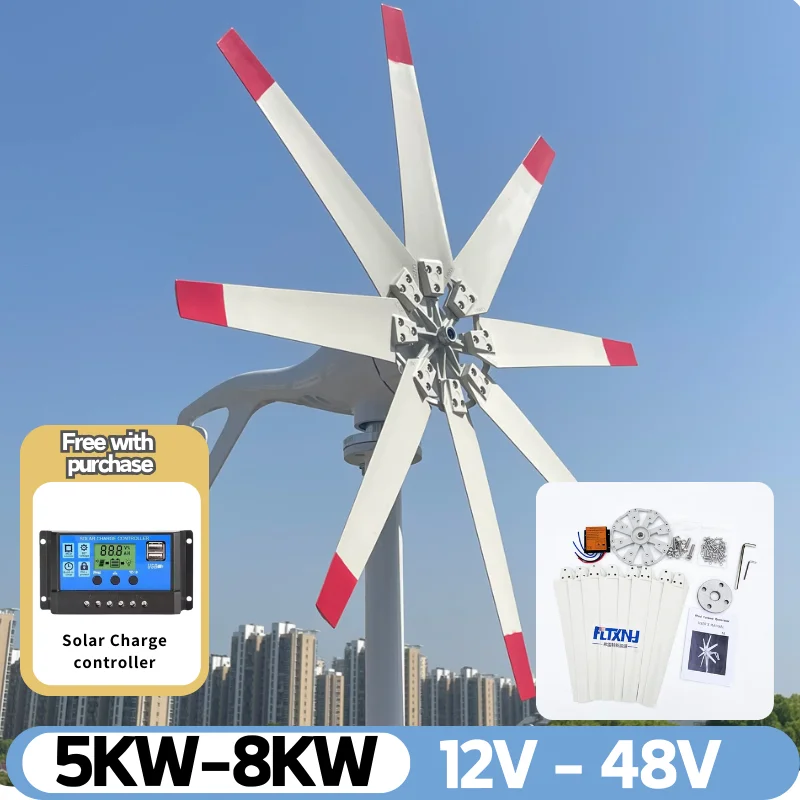 China Warehouse 8KW 8Blades Wind Power Generator 3Phase AC 8000W 12V 24V 48V Small Wind Turbine for Home With MPPT Controller