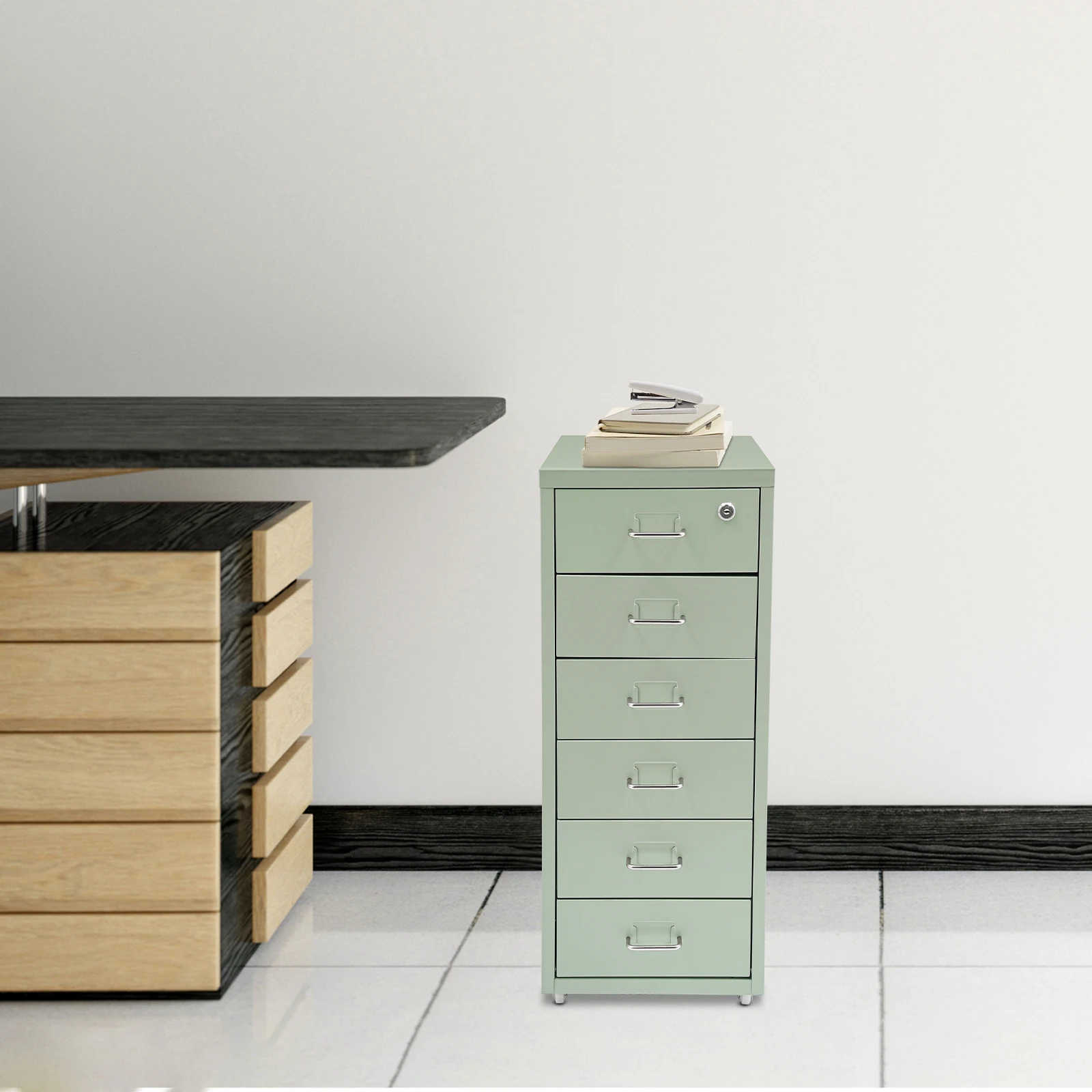 خزانة ملفات معدنية ذات ستة طوابق مقاس 11 × 16 × 27 بوصة باللون الأخضر الكريمي مع خزانة بكرة مغلقة #3