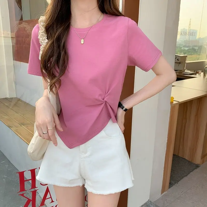 2024 Brand New Womens T shirt Round Neck Irregular Design Short Women T-shirts Leisure Slim Short Sleeve Woman T-shirt Tops Tees