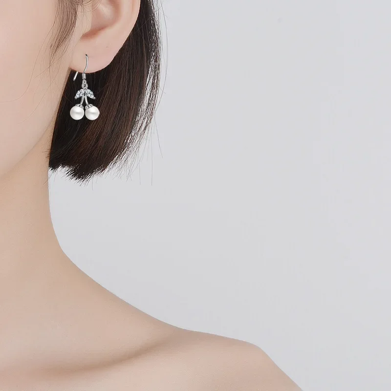 PONYKISS التبتية الفضة الزركون تقليد اللؤلؤ الكرز وأقراط للنساء لطيف مصنع مجوهرات الأزياء الحد الأدنى اكسسوارات #3