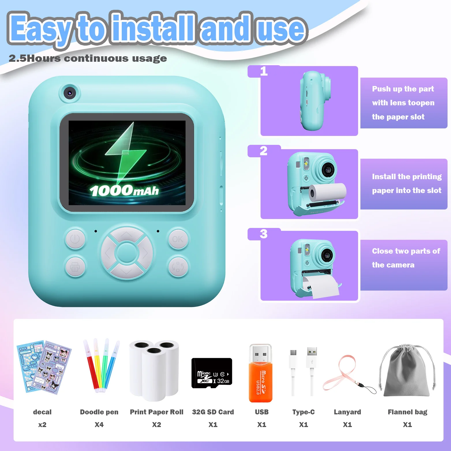 Instant Print Camera Digital Camera With 3 Rolls Print Paper, 1080P HD Ditigal Camera 2.4 Inch Screen, Selfie Video Camera, USB Cable/Color Pen/Bag/ Included, electronics，Small For Boys Girls Teens Students Seniors，Christmas, Halloween, Thanksgiving Gifts view 6