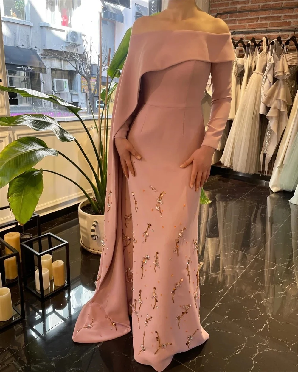 Custom JDY Draped Heavy Handmade Beaded Evening Wear Bodysuit Off Shoulder Custom Occasion Evening Gown Long Dress