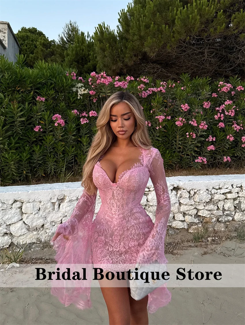 

Charming Pink Short Prom Dress Luxury 2025 Lace Appliques Bell Sleeves Senior Cocktail Dress Birthday Party Gown Customized