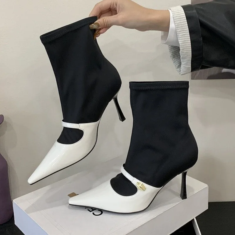 Botas elásticas de tacón fino sexis para mujer, botines con punta estrecha para otoño e invierno, botas altas cálidas a la moda para mujer