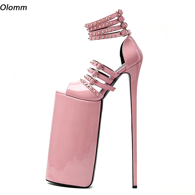 OLOMM Women Patent Leather Ultra High Platform Stiletto Sandals, Multi Rivet Buckle Ankle Straps Open Toe Super High Heels, Club