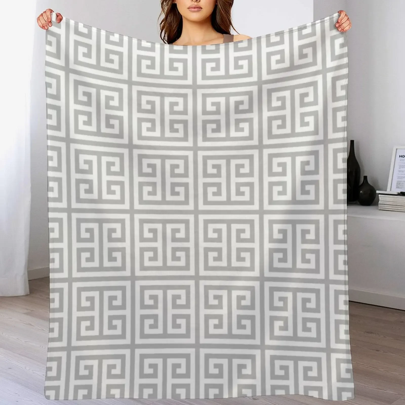 Greek Key Silver Gray And White Pattern Throw Blanket cosplay anime Thins Summer Blankets