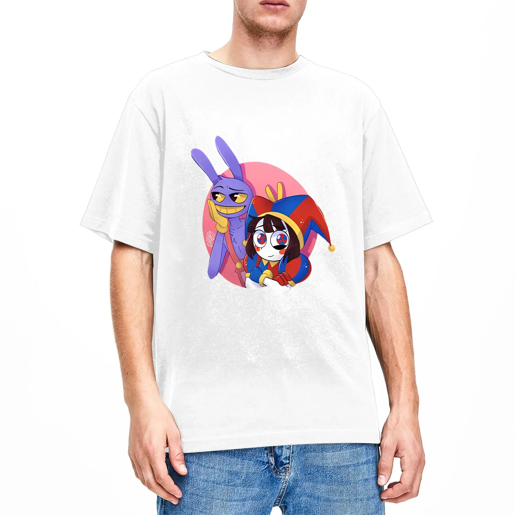 Men T-Shirts Amazing Circus Jax & Pomni Funny Pure Cotton Tee Shirt Short Sleeve  T Shirt Round Collar Clothing Plus Size