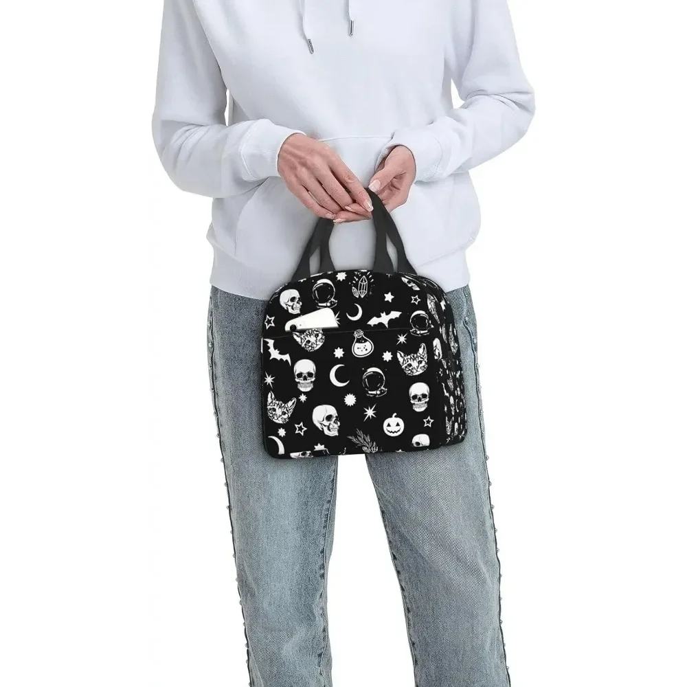 Black Goth Skull Moon Star Lunch Box for Kids Boys Girls Teen Insulated Lunch Bag Waterproof Reusable Lunch Tote School Office view 6