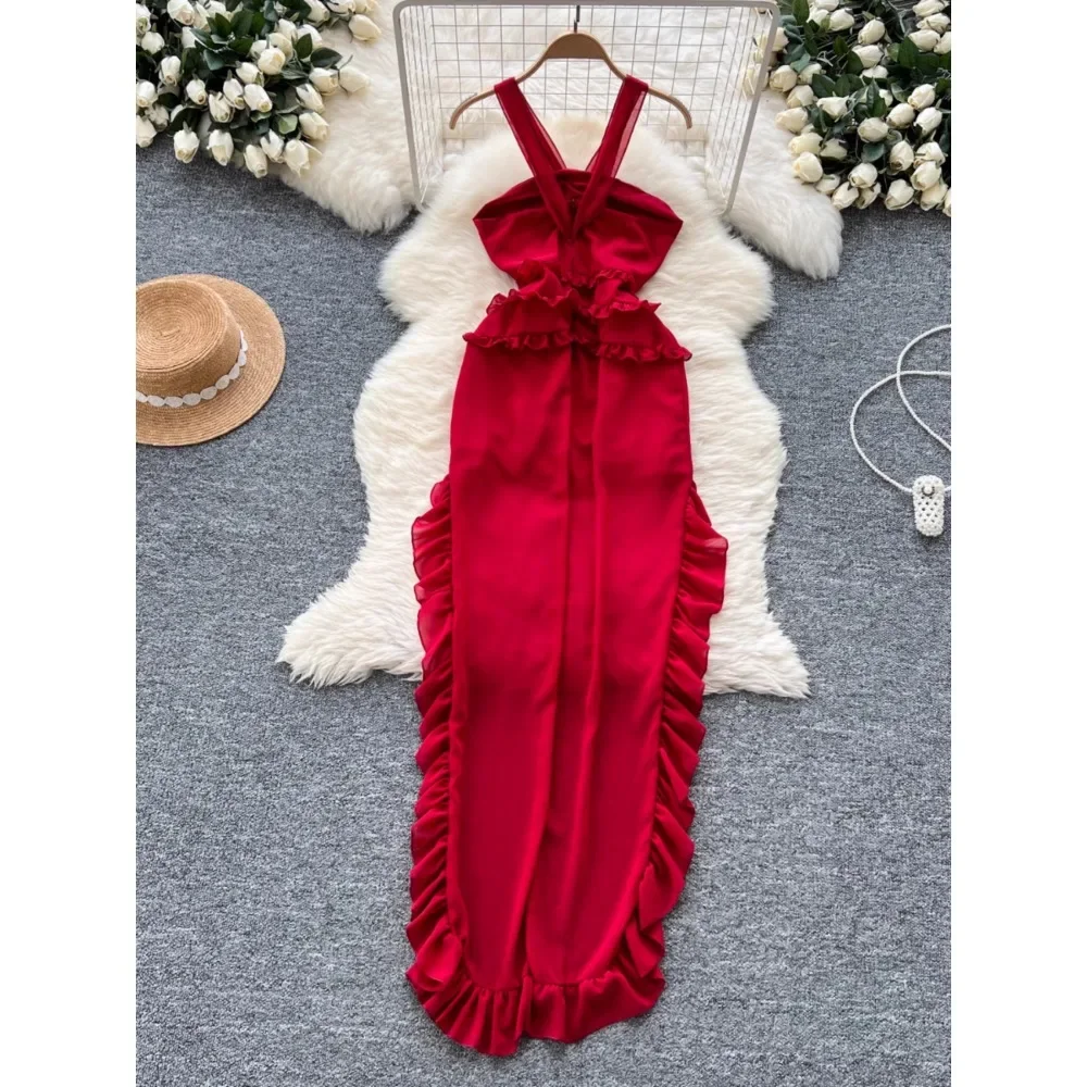 Women Vintage Sleeveless Elegant Rose Floral Chic Asymmetrical Ruffles Slim Straps Dresses French Evening High Street Clothing