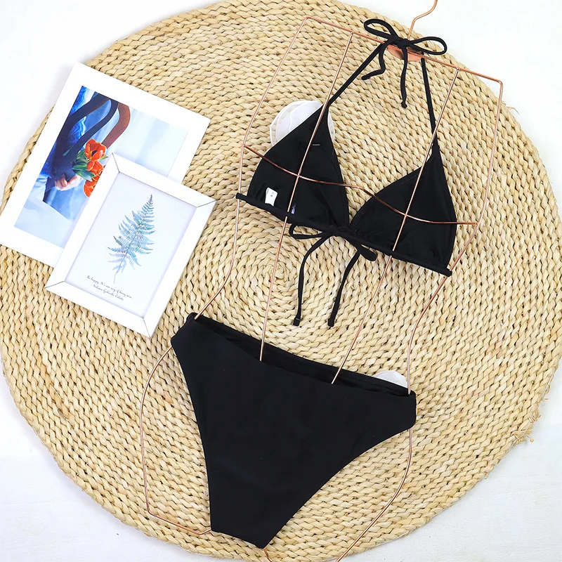 2025 새로운 섹시한 홀터넥 비키니 세트 블루 데님 컬러 3D 꽃 끈 수영복 여성 스플릿 수영복 오프 숄더 여성 수영복