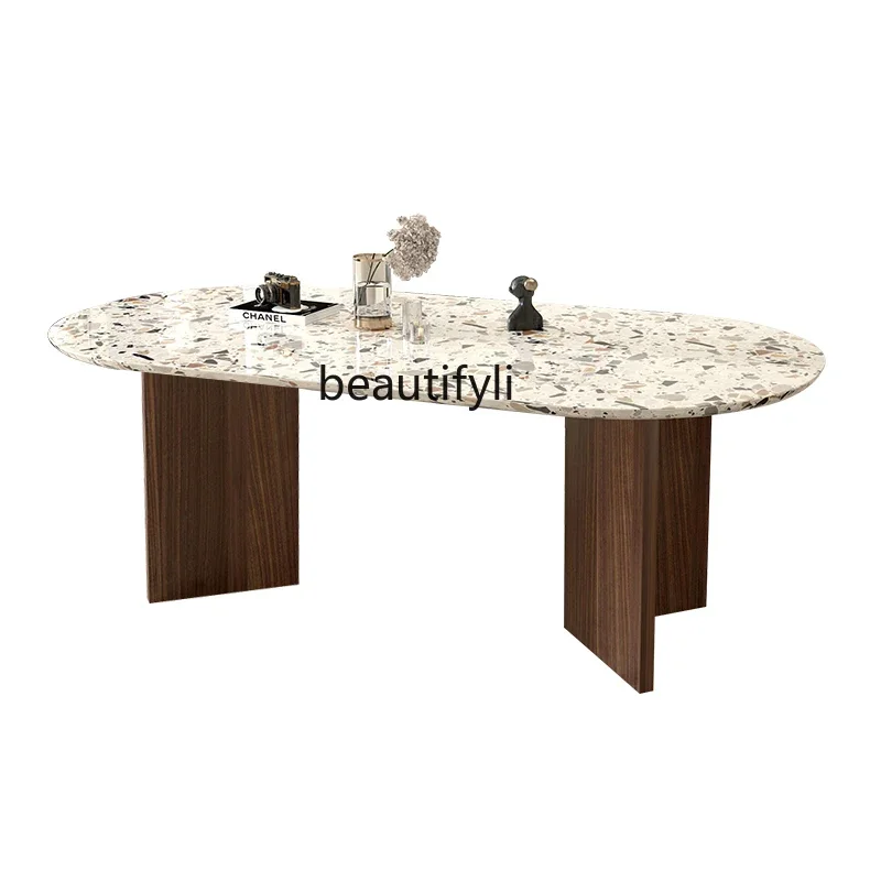 

French retro, dining table household modern simple Italian oval cream style table