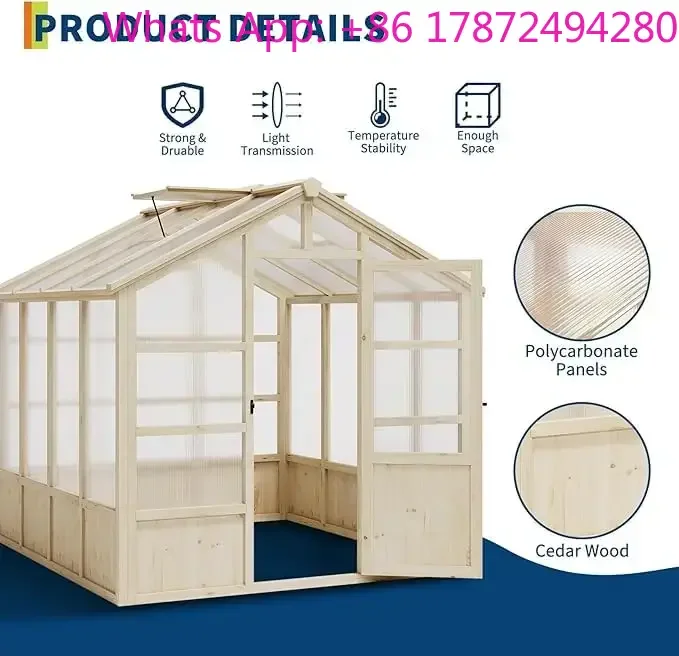 

Heavy Duty Wooden Greenhouse with Polycarbonate Panels & Lockable Door - Sturdy Wood Frame Garden Green House