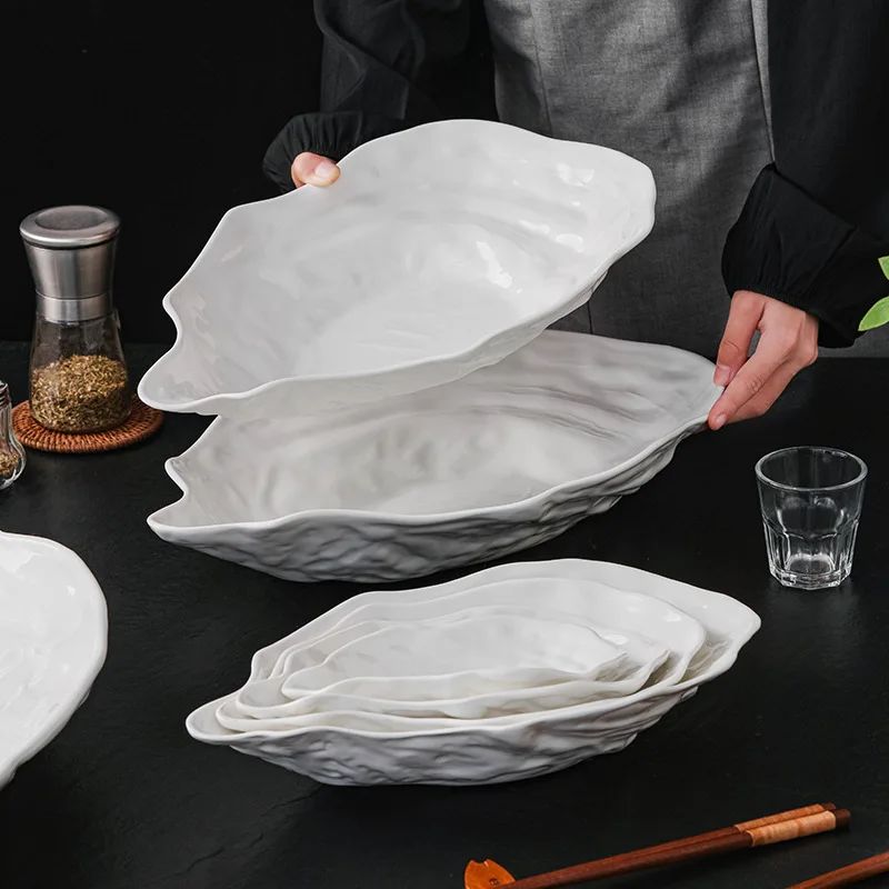1PC Ceramic Sashimi Plate Creative Oyster Shaped Salad Plate Artistic Concept Cuisine Specialty Plate Hotel Tableware