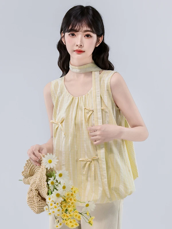 

Милый и универсальный женский топ-жилет Neline для повседневной носки, лето 2026, хлопок, без рукавов, круглый вырез, в клетку