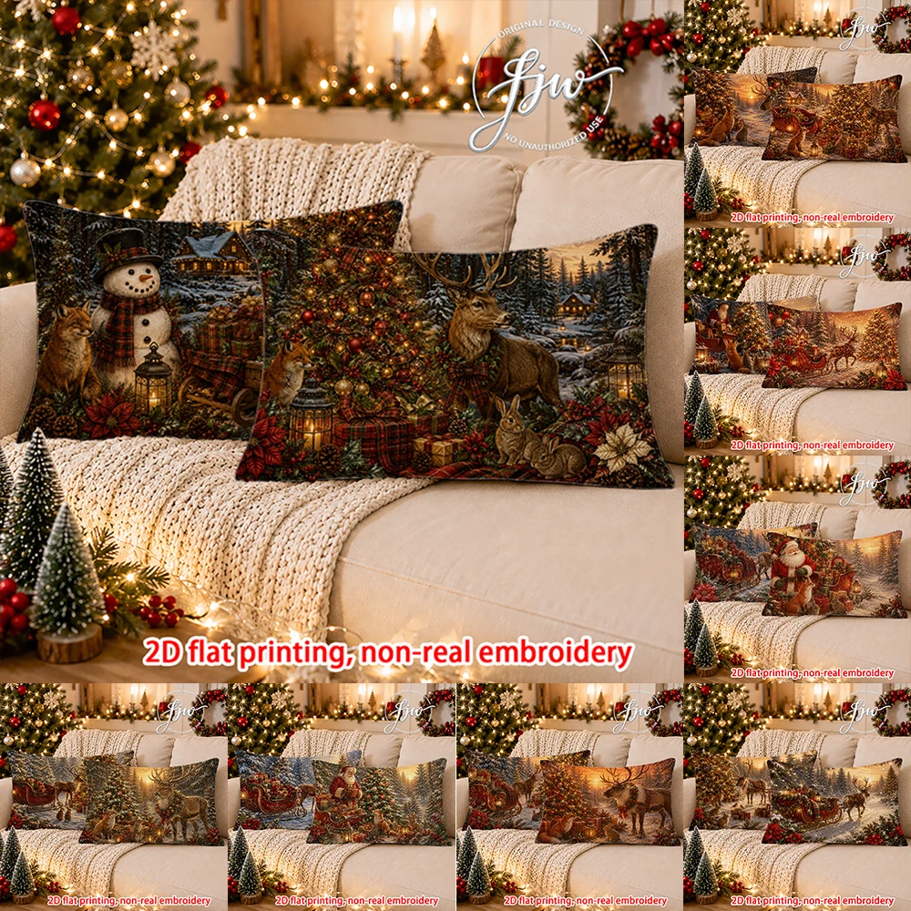 2pcs Christmas Vintage Winter Forest Lumbar Pillow Covers Retro Xmas Snowman Reindeer Holiday Decorative Throw Pillow Cases