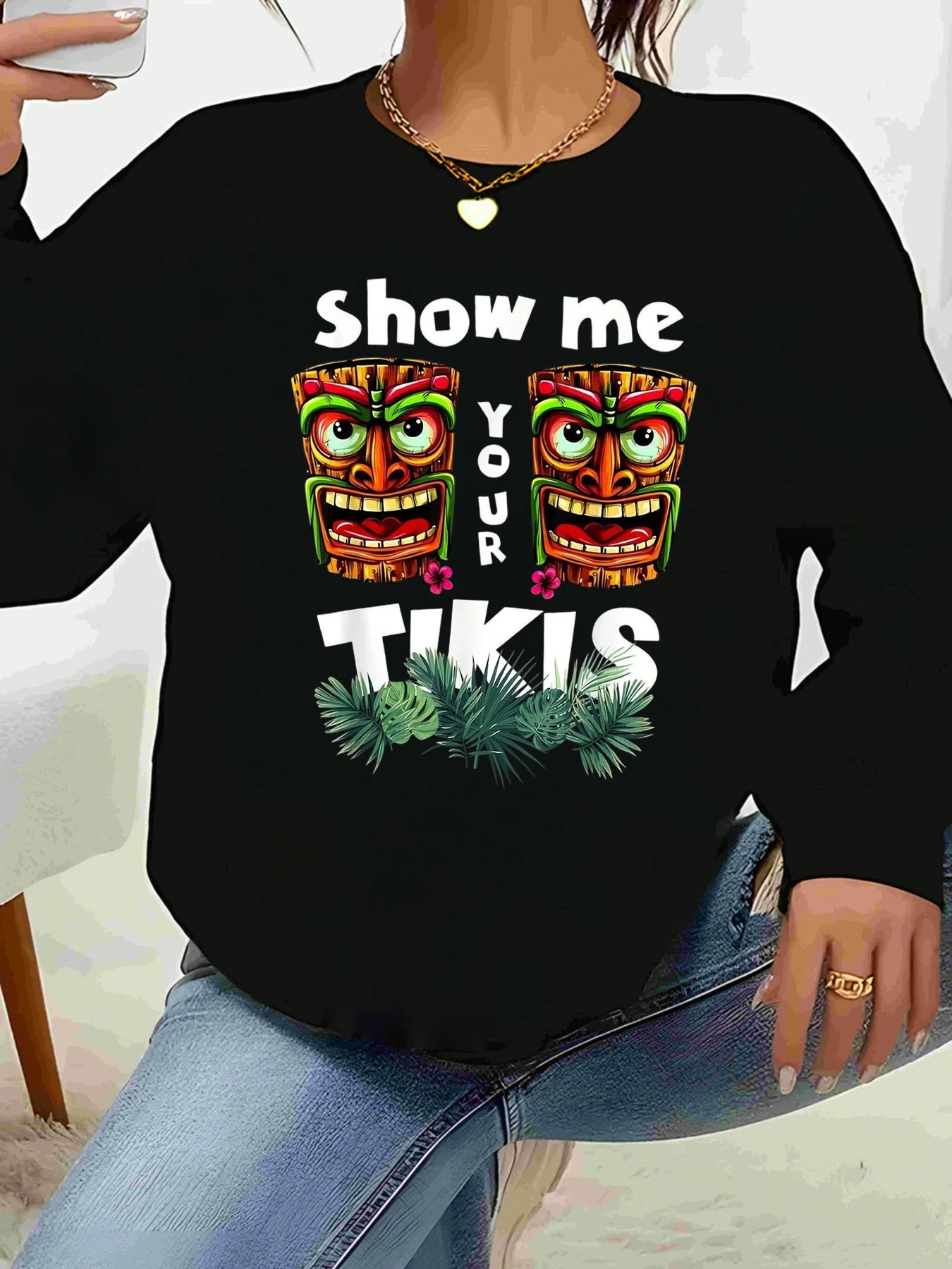 Tiki Mask Print Show Me Your Tikis Top de manga comprida verão praia festa feminina roupa casual