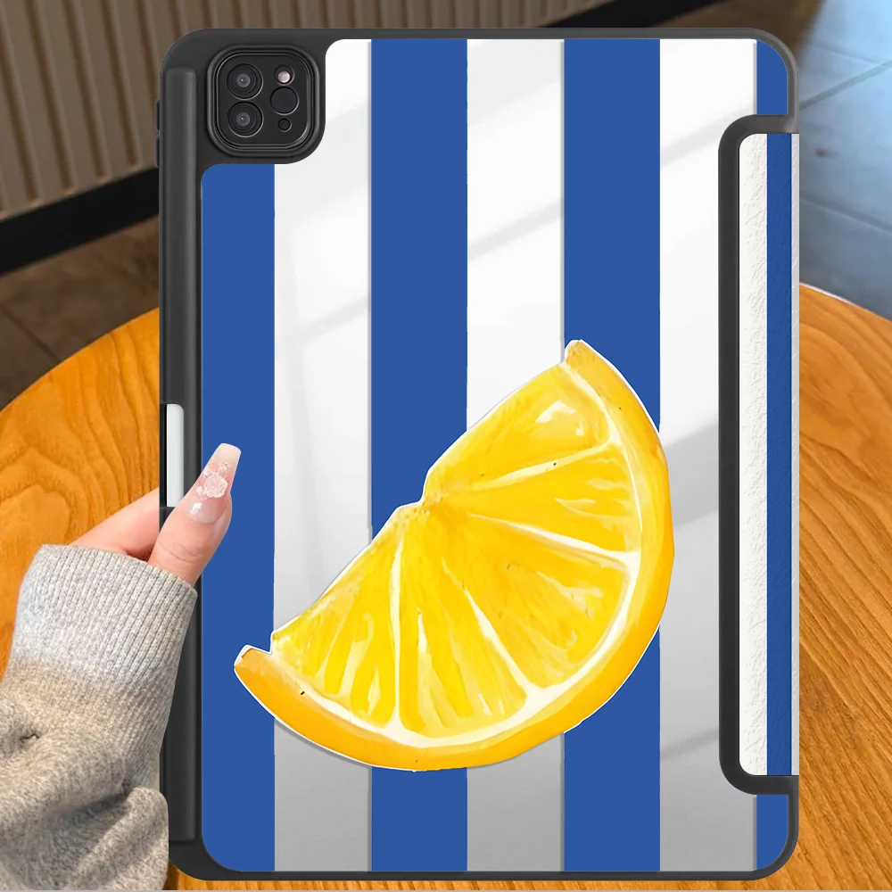 Cartoon Lemon Text Print With Pen Slot Cover Tablet Case For iPad 11th Air 8 M2 M3 3 10th Gen 12th Mini 7 6 5 Pro M4 13 2025