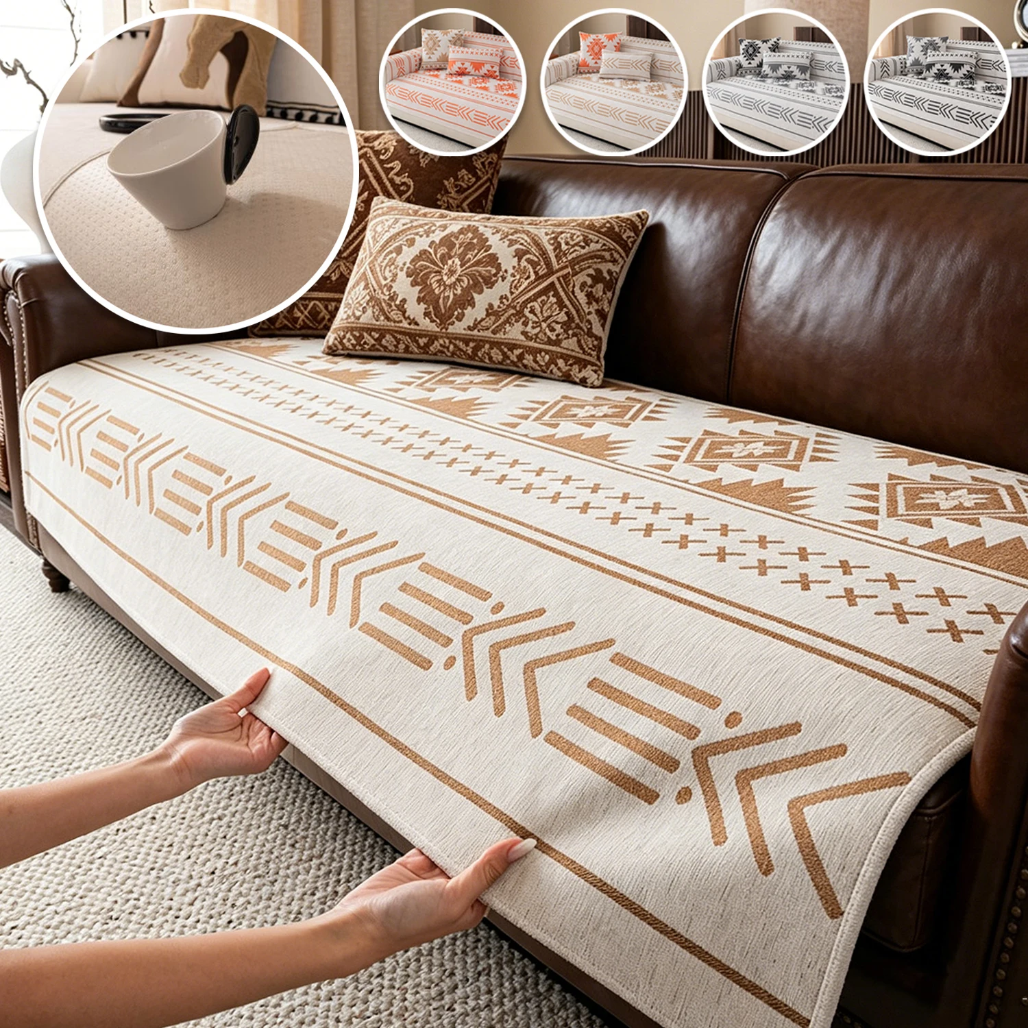 

Retro Weaving Tape Decored Sofa Cover Textured Jacquard Chenille Slipcover Anti-Slip All Season Living Room Couch Seat Pad Towel